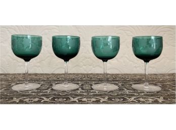 4 Green Port Glasses With Grape Etching & Clear Stem