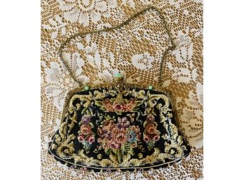Lovely Handmade Petit Point Ladies Purse With Ornate Metal Accent Frame & Closure