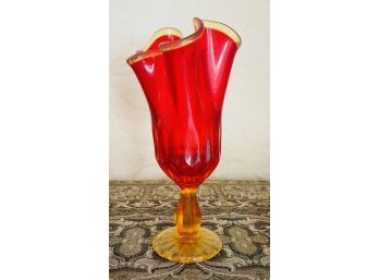 Vintage Free Form Red Blown Glass Vase With Base
