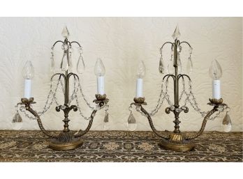Antique Pair Of Brass & Crystal Electric Candelabra