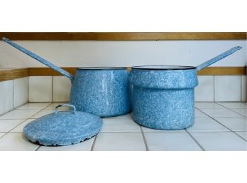 Large Blue Speckled Enamelware Metal Double Broiler With Lid
