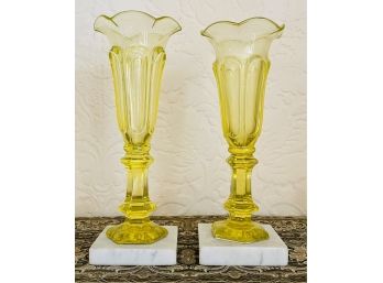 Pair Of Antique Yellow Tulip Vases On Marble Base