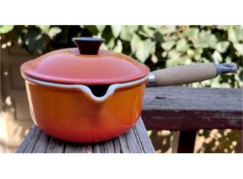 Vintage Le Creuset Enameled Cast Iron #14 Orange Pan With Spout And Wood Handle