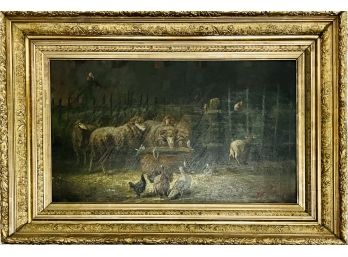 Signed Original Oil On Canvas Painting Of Farm Yard With Sheep In Ornate Gilt Frame