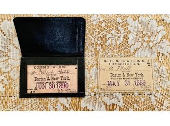 2 Pc. Antique Leather Wallet With 2 Commutation Tickets From The 1800's