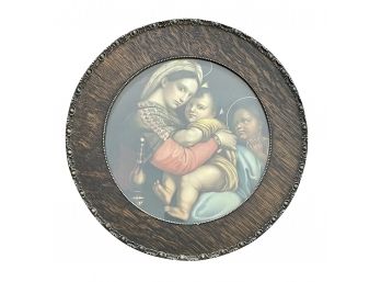 Madonna & Child With St. John Vintage Print In Round Tiger Oak Wood Frame