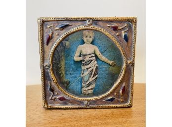 Vintage Trinket Box With Relief Design On Edge Featuring Christ Child Detail