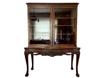 1850-1860 Antique China Cabinet With Ornate Hall Table Base