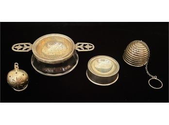 4 Sterling Silver Tea Brewing Collection And 1 Unmarked Tea Ball & Glass Base With Sterling Edge- 1.94 Oz.