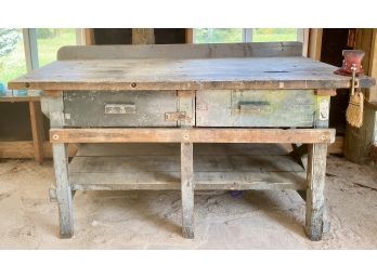 Vintage Heavy Duty Wooden Workshop Table With Two Drawers And Bottom Shelf (vice Sold Separately)