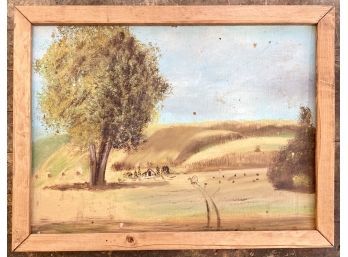 Small Landscape Painting In Wooden Frame(some Staining, Minor Damage To Frame)