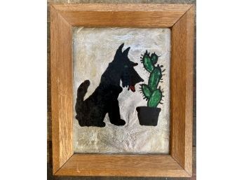 Artwork Of Dog And Cactus On Tinfoil In Wooden Frame (Measures 8in Wide, 10in Tall)
