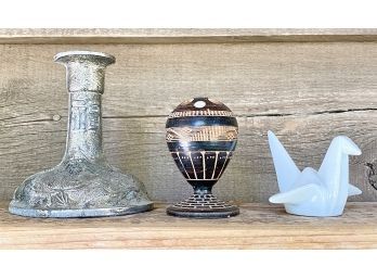 Lot Of Small Items Including Hot Air Balloon Incense Holder, Silver Dragon Candle Holder,  And Porcelain Crane