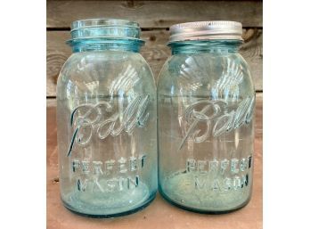 Two Ball Perfect Mason Jars With Blue Tint