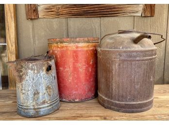 Three Rustic Farmhouse Metal Containers (Metal Pitcher Is Very Warped)