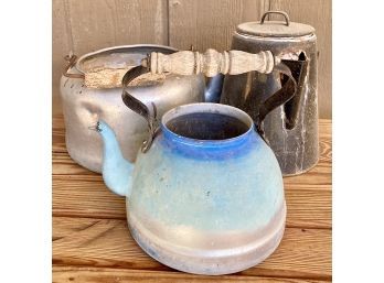 Three Rustic Vintage Tea PotsKettles