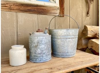 Farmhouse Bucket, J&L Ware Gas Can, And Ceramic Jug