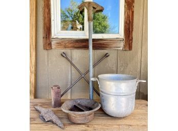 Misc. Farmhouse Finds, Some Antiques: Antique Power Bottle, Lug Wrench, Tin Bucket