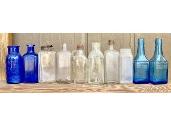 Lot Of Antique Bottles, Apothecary, Blue Emerson Drug Co, Blue Bitters