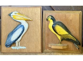 Vintage Three-dimensional Carved Wooden Pelican And Golden Eagle Art On Wooden Boards