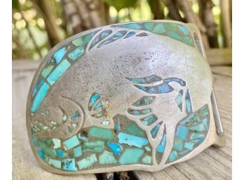 Metal Fish Belt Buckle With Turquoise Accent Water Background