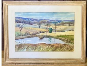Original Vintage S. Herston 1960s Landscape Water Color Painting Of Pond, Signed, Wood Frame (25' By 19')