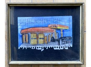 Original Watercolor Done On Address Pad, Sign John Skibo, Features A Gas Station With Blue Sky