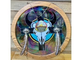 Round Vintage Stained Glass Wall Hanging Featuring Bull, In Wooden Frame, Signed By Artist (27' Diameter)