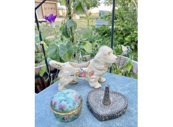 Small Decor Lot Including Trinket Box, Ring Holder From Intl. Silver Company, And Ceramic Dog