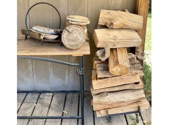 Lot Of Firewood, Log Slices, Brass Wood Carrier, And Iron Wood Holder