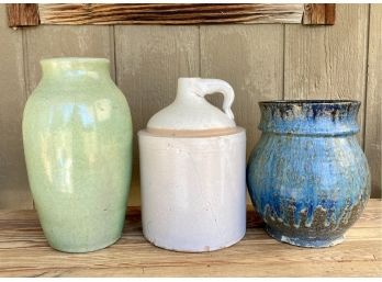 Three Ceramic Vases And Jars (cracks Present) Incl. Pisgah Forest Pottery Green Vase