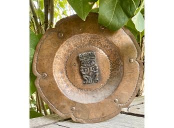 Small Hammered Copper Plate With Tribal Figure Center Accent, Ready To Hang (4' Tall)