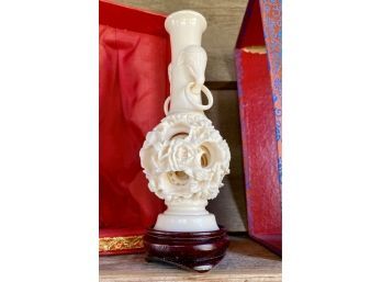 White Resin Puzzle Vase W/ Elephant Ring Handles, Intricate Multi-layer Carved Rose Design, On Wood Base W Box