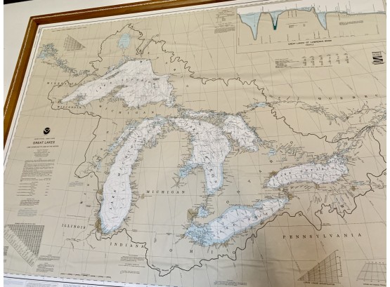 Large NOAA Chart 14500 U.S Great Lakes Navigational Chart In Wood Frame