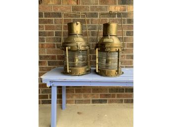 Extraordinary Pair Of 1919 Solid Brass Ship's Anchor Lanterns
