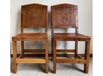 Two Gorgeous Leather-Backed Wooden Chairs