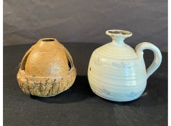 Lot Of 2 Small Kerosene Jugs And Carved Wooden Decor