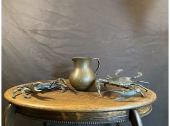 Mid Century Brass Pitcher And Two Brass Crabs