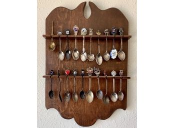 Mix Of 20 International Collectable Spoons On Hanging Wood Case