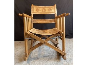 Vintage Leather And Wood Folding Rocking Chair