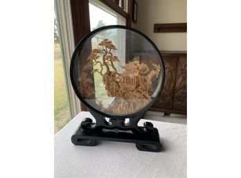 Carved Cork Japanese Art Piece Encased In Glass On Black Lacquer Stand