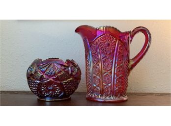 Gorgeous Carnival Glass Multi-colored Pitcher And Bowl