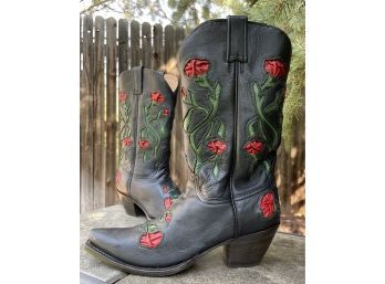 NWOB Stetson Black Floral Snip Toe Western Boots Women's Size 8