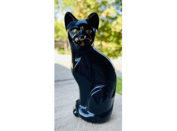 Hand Painted Signed Black Glass Cat