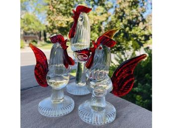 3 Vintage Clear Glass With Red Blown Accent Roosters