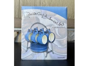 New 12Pc. Espresso Cup And Saucer Set With Chrome Rack- Blue