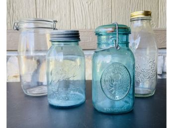 Vintage Jars With 2 Aqua Mason Ball Jars