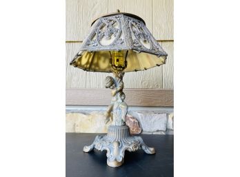 Gorgeous Antique Brass Lamp With Cherub Base, Slag Glass & Brass Shade