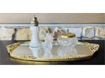 Mirrored Brass Vanity Tray With Various Glass Vanity Items