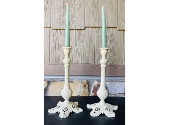 2 Cast Irons Candlesticks With Ivory Paint